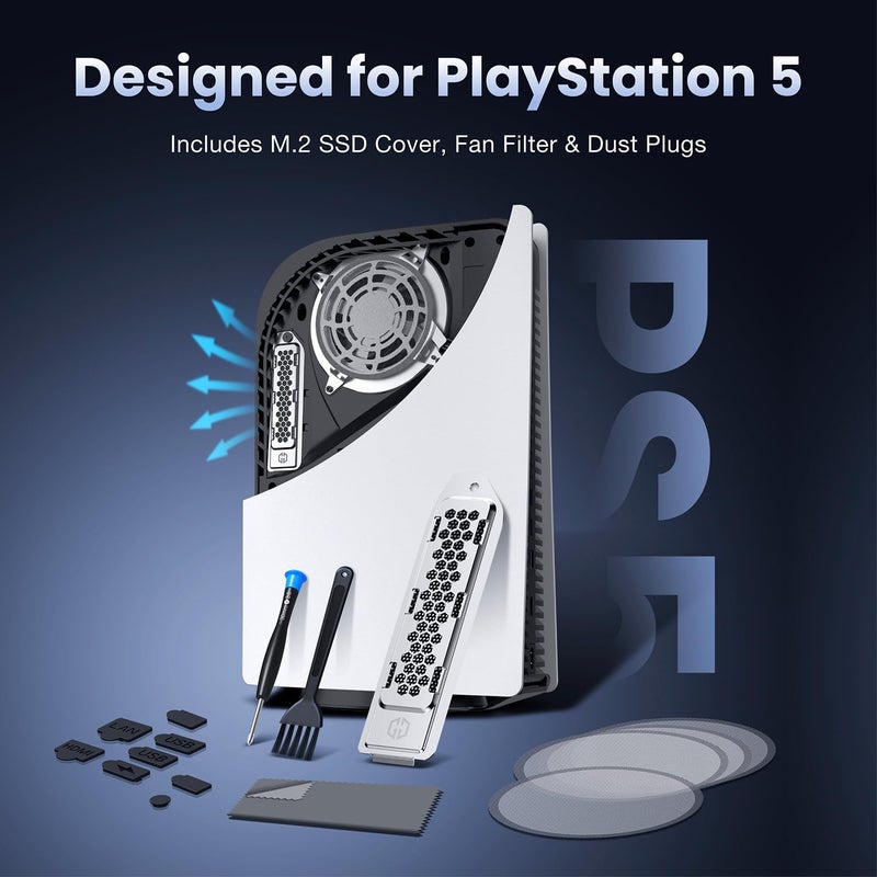 GRAUGEAR Cooling & Dust Protection Upgrade for PS5 Original, PS5 M.2 SSD Heatsink Cover with Fan Dust Filter and Port Plugs, Prevent Overheating and Dust Buildup (PS5) - Image 2